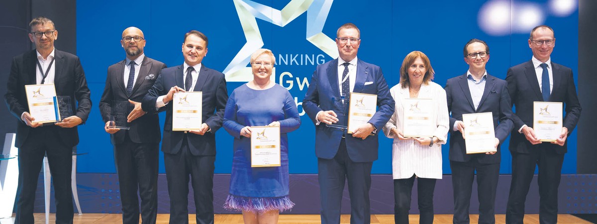 Po ceremonii wręczenia nagród: (od lewej) Maciej Rapkiewicz, członek zarządu PZU SA i PZU Życie SA odpowiedzialny za zarządzanie ryzykiem, Dawid Korszeń, rzecznik prasowy WARTA SA, Tomasz Gol, zastępca dyrektora Biura Ubezpieczeń Towarzystwo Ubezpieczeń Wzajemnych „CUPRUM”, Dorota Piwońska, prezes zarządu AGRO Ubezpieczenia – Towarzystwo Ubezpieczeń Wzajemnych, Rafał Kiliński, prezes zarządu TUW PZUW, Wioletta Macnar, prezes zarządu Santander Allianz, Marek Gołębiewski, członek zarządu Wiener Towarzystwo Ubezpieczeń SA Vienna Insurance Group, Paweł Pytel, wiceprezes Towarzystwa Ubezpieczeń Allianz Życie Polska SA