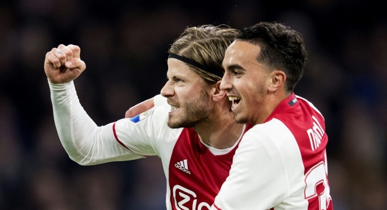 Ajax midfielder Abdelhak Nouri (R) with Lasse Schone in a match in April 2017, was considered one of Dutch football's brightest talents