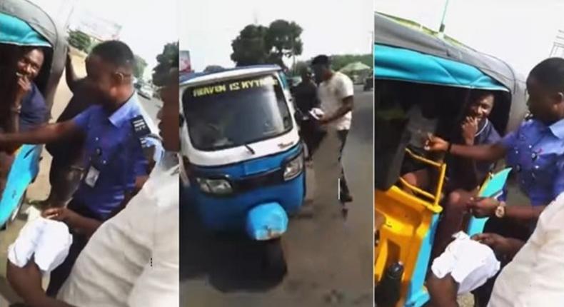 Nigerian police officer stops tricycle, gives money to rider and passengers for Christmas (video)