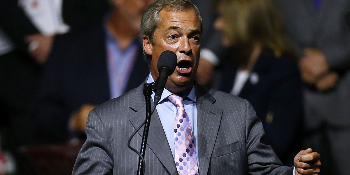 United Kingdom Independence Party leader Nigel Farage at a campaign rally for Republican presidential nominee Donald Trump at the Mississippi Coliseum on Wednesday night in Jackson, Mississippi.