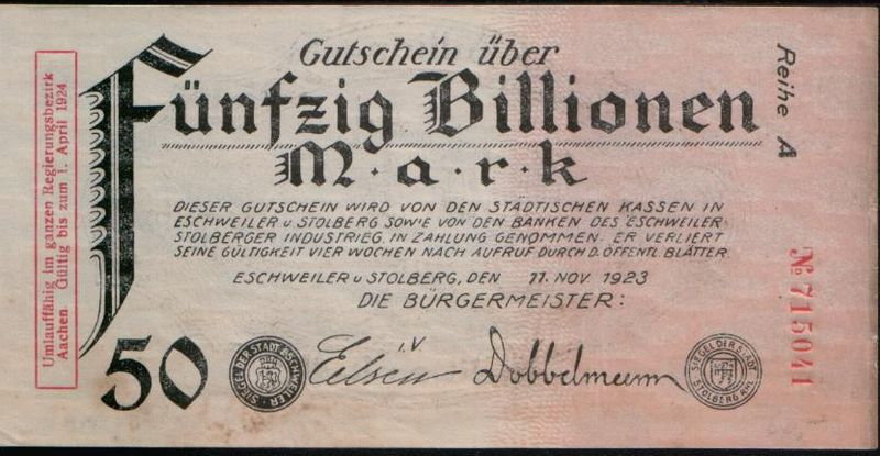 Banknot o wartości 50 bilionów marek z 11 listopada 1923 roku - domena publiczna