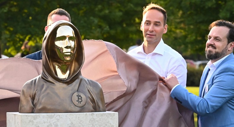 The statue of Bitcoin's founder is unveiled in Budapest, Hungary.
