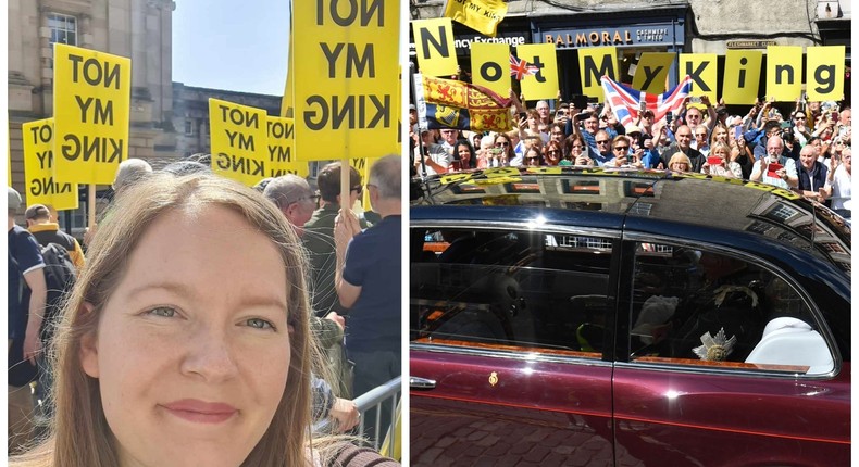 Insider's Mikhaila Friel attended an anti-monarchy protest at King Charles' royal engagement in Edinburgh, Scotland, on July 5, 2023.Mikhaila Friel/Insider, MARK RUNNACLES/POOL/AFP via Getty Images