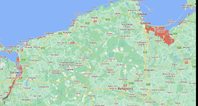 Na czerwono zaznaczono tereny, które zgodnie z prognozami Climate Central do 2100 znajdą się pod wodą. W największym niebezpieczeństwie znajduje się teren między Gdańskiem i Elblągiem oraz okolice Szczecina.