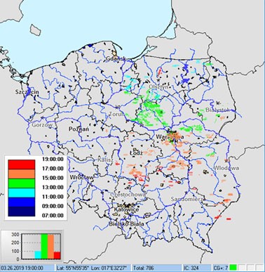 Wyładowania atmosferyczne wykryte przez system Perun w godzinach 07:00-19:00 dnia 26.03.2019