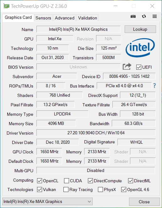 Intel Iris Xe MAX – specyfikacja w GPU-Z