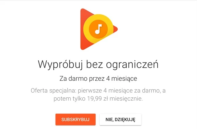 Muzyka Google Play przez najbliższy czas w okresie testowym za darmo na 4 miesiące