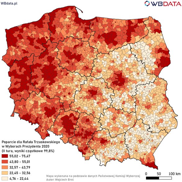 Poparcie dla Rafała Trzaskowskiego na podstawie danych PKW z 99,8 proc. komisji