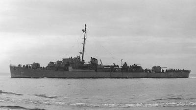 The U.S. Navy destroyer escort USS Samuel B. Roberts (DE-413) circa in June 1944, while off Boston, Massachusetts.