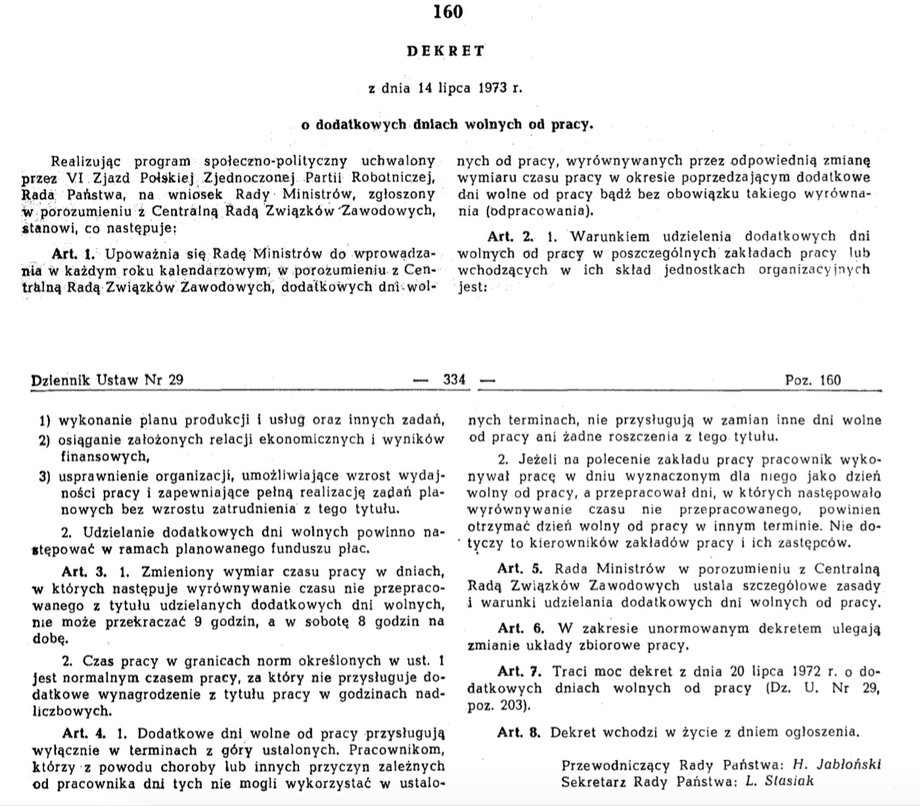 Dekret z 1973 roku ustanawiający dwie wolne soboty w roku