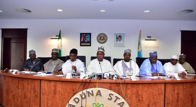 From Left: Governors Bello Matawalle of Zamfara, Abubakar Sani Bello of Niger, Nasir El-Rufai of Kaduna,  Alhaji Aminu Bello Masari of Katsina Alhaji Abubakar Atiku Bagudu of Kebbi,  Alhaji Badaru Abubakar of Jigawa Alhaji Aminu Waziri Tambuwal of Sokoto at the Norwest governors meeting on Wednesday, March 18, 2020. (Twitter/Nasir El-Rufai)