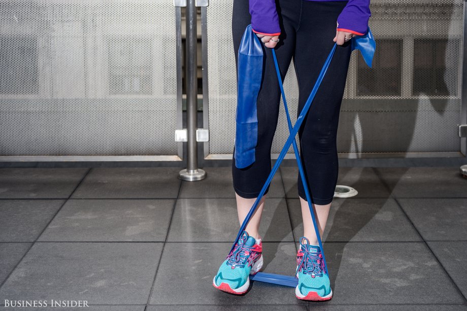 The last one is a little tricky to balance, so be sure you're close by to a wall. Pulse one foot out, keeping it off the ground. Start with five pulses and build to 10. Repeat with the other leg.