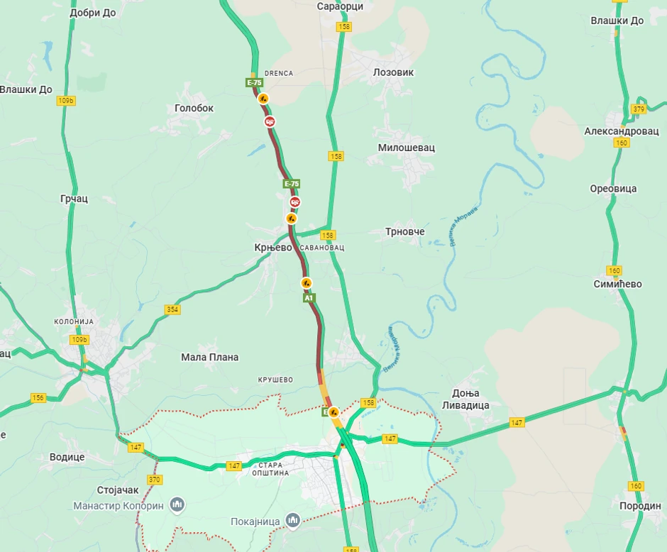 Mapa gužvi kod Velike Plane