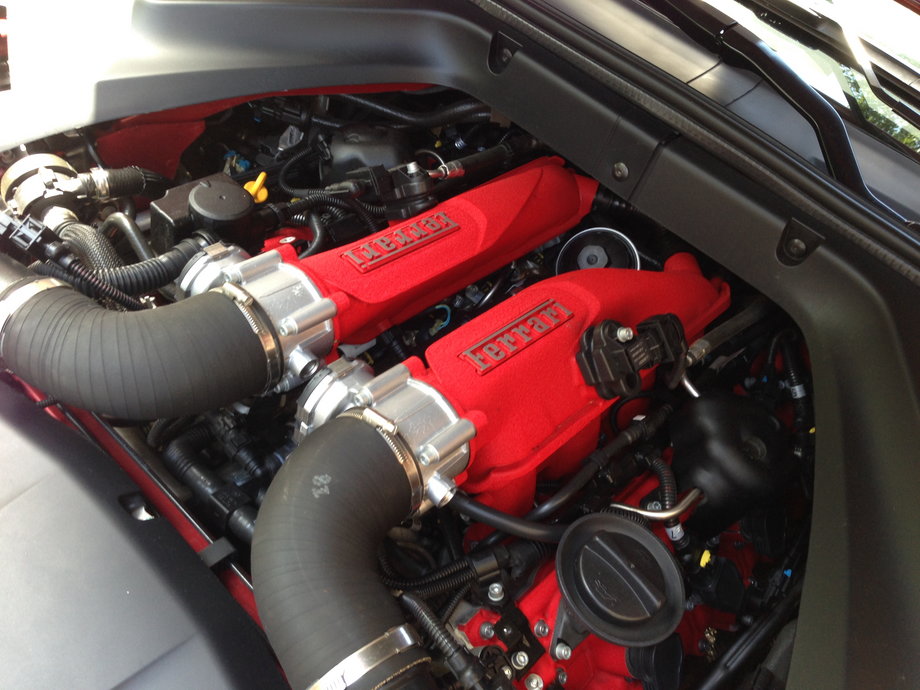The heart of every Ferrari is its engine. This turbo V8 is relatively compact, but it packs a punch. The sound took some getting used to, but there's no appreciable "turbo lag" — throttle response delivers power in less than a second.