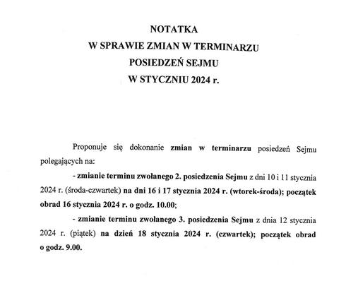 Onet dotarł do notatki marszałka Sejmu. Dotyczy ona propozycji zmiany terminu posiedzenia Sejmu. 