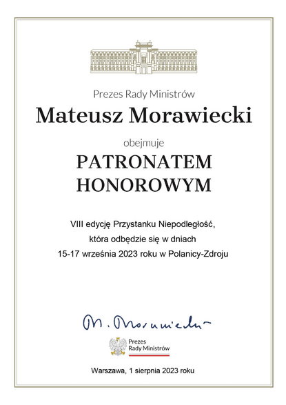 Certyfikat objęcia tegorocznej edycji "Przystanku Niepodległość" patronatem Prezesa Rady Ministrów