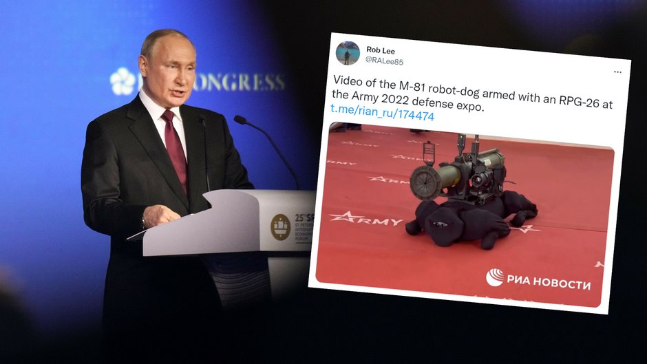 Robotyczny pies zaprezentowany podczas Międzynarodowego Forum Wojskowo-Technicznego Armia-2022. W tle prezydent Rosji Władimir Putin