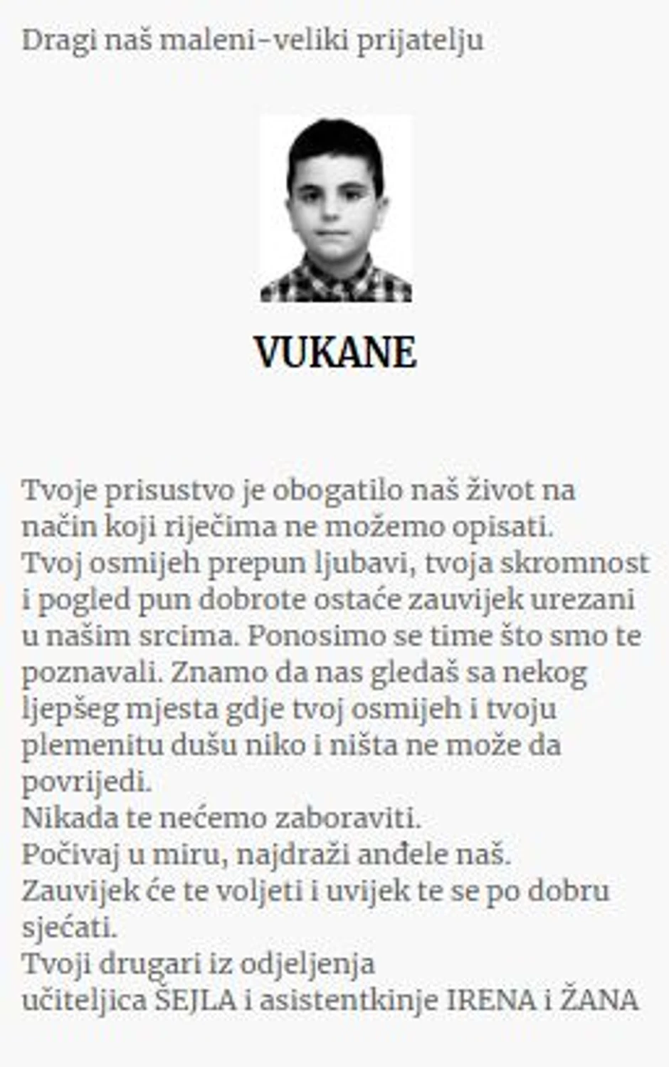 Čitulja posvećena Vukanu Vuletiću 