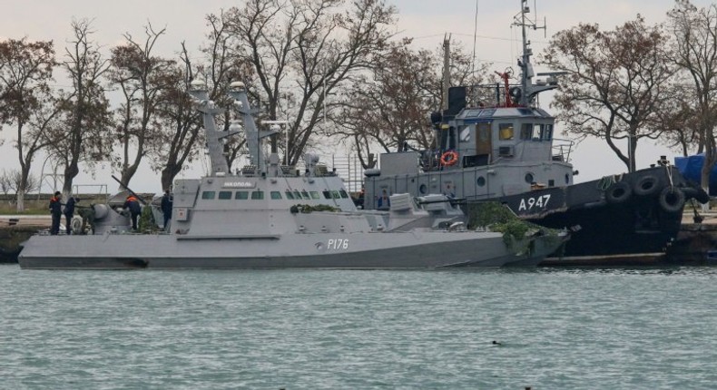 Seized Ukrainian military vessels are seen in a port of Kerch, Crimea, on November 26, 2018