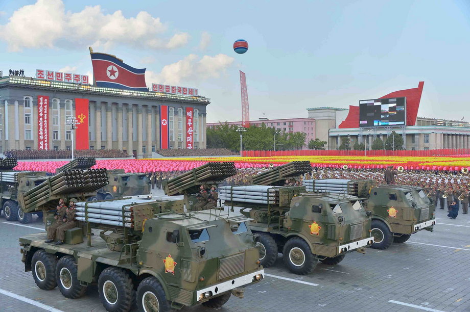 North Korean military participate in the celebration of the 70th anniversary of the founding of the ruling Workers' Party of Korea in Pyongyang.
