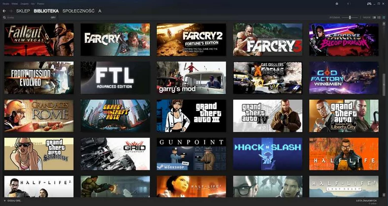 Biblioteka Steam to właściwie strona www, która zawiera wszystkie posiadane przez nas gry i programy. Najbardziej przejrzysta jest w wersji listy, ale kafelki prezentują się ciekawiej