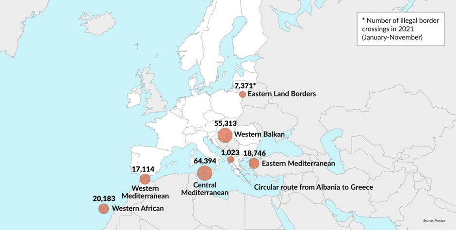 Liczba nielegalnych przekroczeń granic UE w okresie od stycznia do listopada 2021 r.