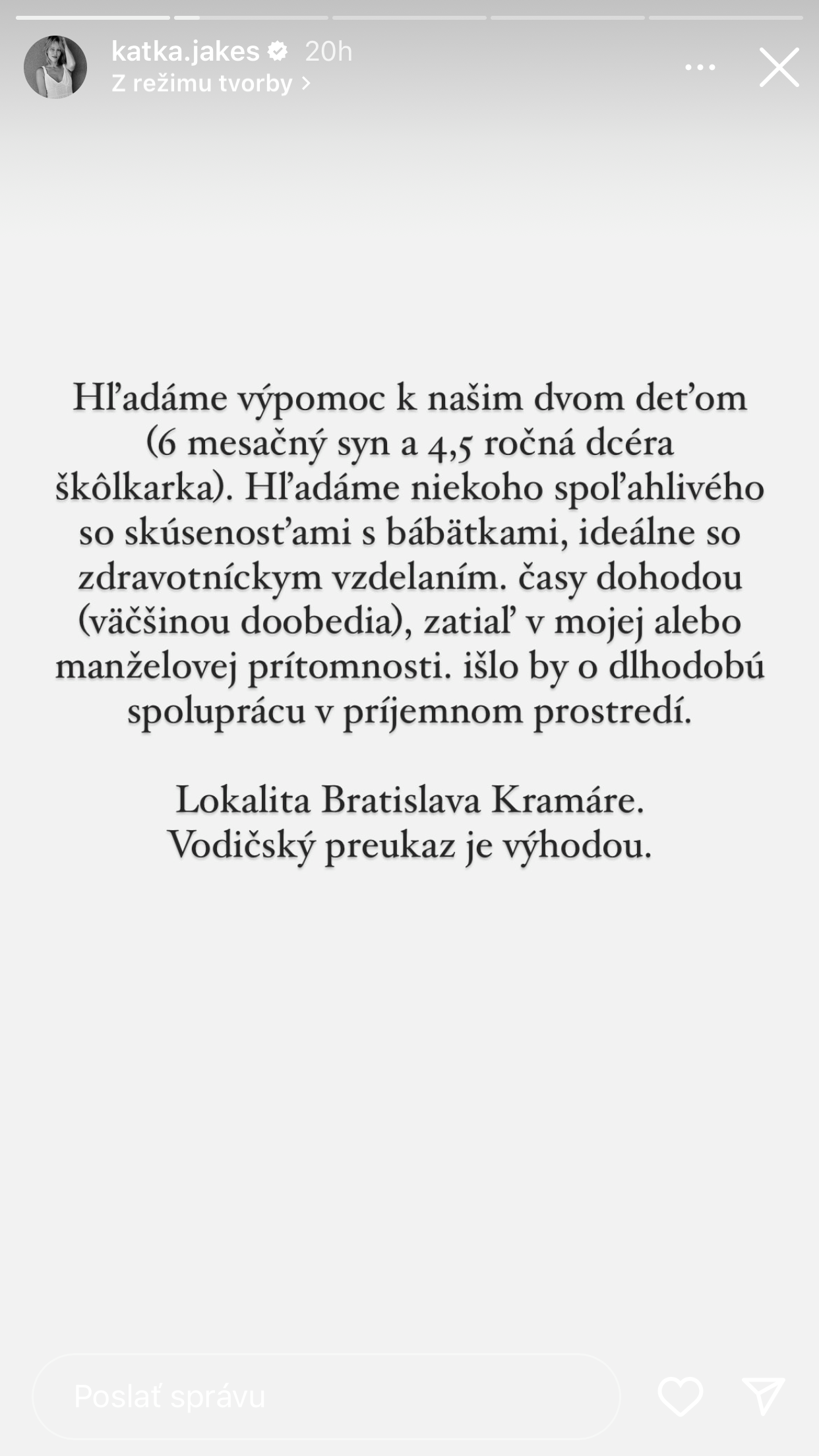 Tanečnica Katka Jakeš hľadá k svojim dvom deťom výpomoc.