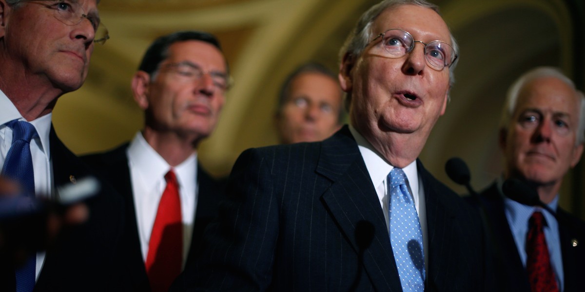 Majority Leader Mitch McConnell (R-KY) is flanked by fellow Republican leaders during a news conference at the Capitol in Washington on September 13, 2016.