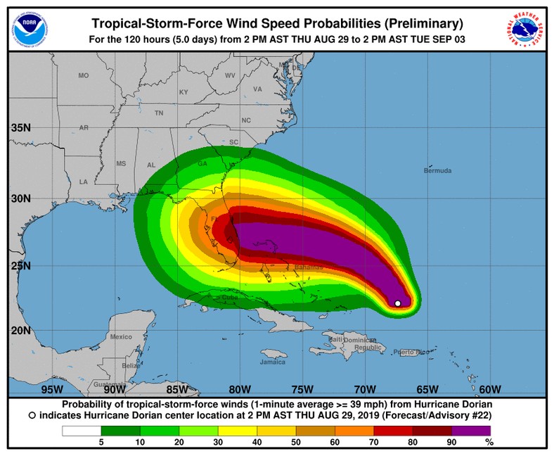 Mapa huraganu Dorian