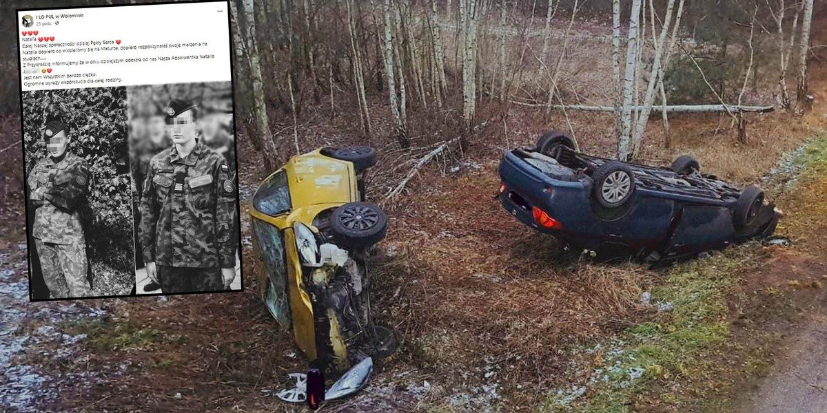 Samochód młodej kobiety na zakręcie wypadł z jezdni i dachował.