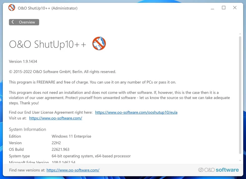 O&O ShutUp10++: Informacje o wersji programu i systemu