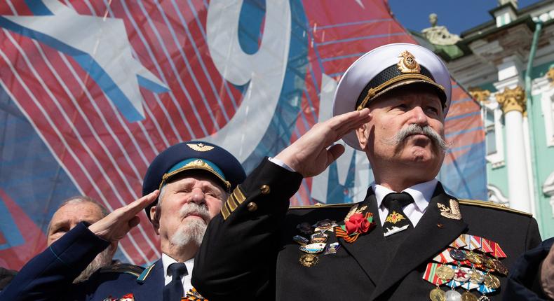 Veterans salute during a military parade to mark the 78th anniversary of the Soviet Union's victory in the Great Patriotic War in St. Petersburg, Russia, on May 9, 2023Irina Motina/Xinhua via Getty Images