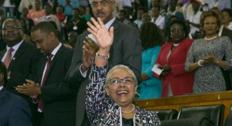 First Lady Margaret Kenyatta at Safaricom Indoor Arena, Kasarani during the Beyond Zero Summit on June 13, 2017.