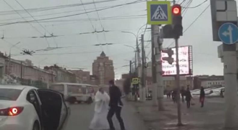 Russian couple fight after wedding