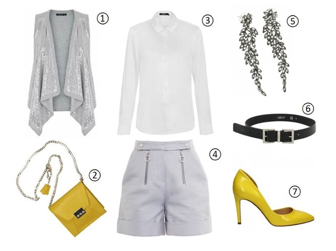 STYLIZACJA z białą koszulą na imprezę: 1. kamizelka Tatuum 29,99zł, 2. torebka Venezia 149,00 zł, 3. koszula Simple 269,90 zł, 4. spodenki Simple 169,90 zł, 5. kolczyki Molton 129,00 zł, 6. pasek Simple 99,90 zł, 7. szpilki Venezia 279,90 zł (ceny w Factory Outlet)