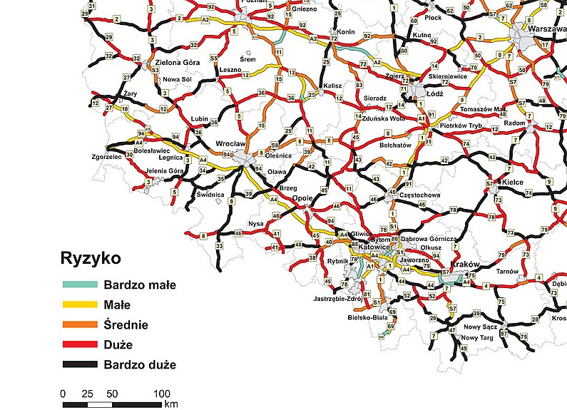 Mapa ryzyka indywidualnego - Polska południowo-zachodnia/źródło EuroRAP