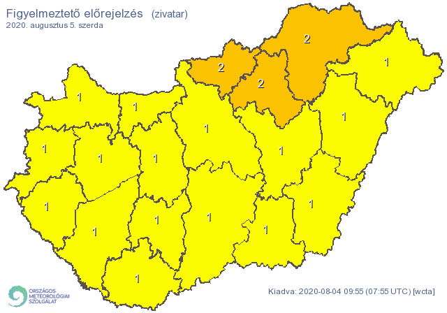 Szerdára ezekre a megyékre adtak ki első-, illetve másodfokú figyelmeztetést Fotó: Országos Meterológiai Szolgálat