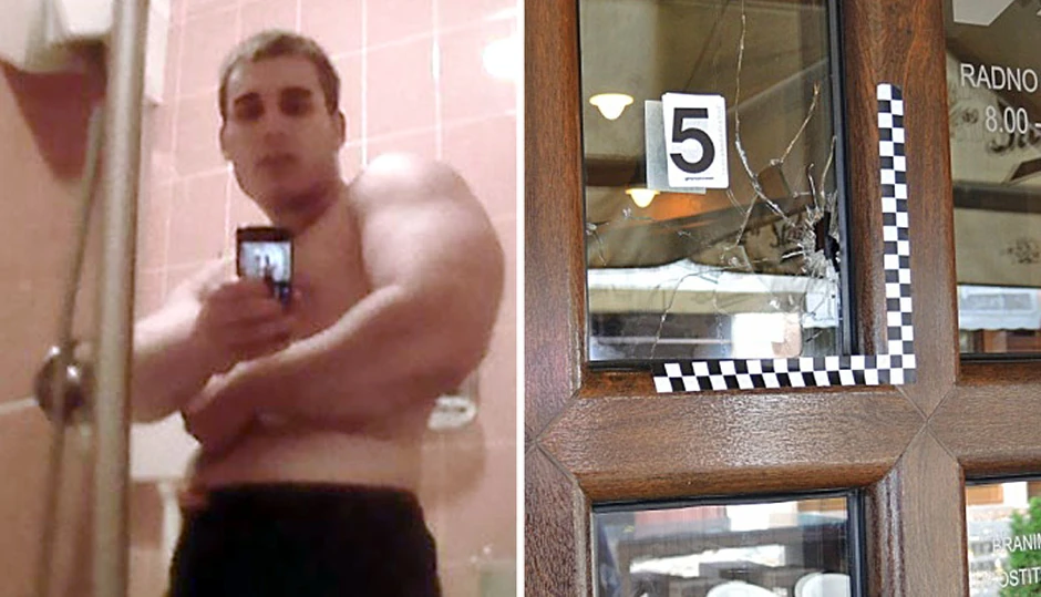 Sreten Nikolić, osuđen za Damjanovo ubistvo, i rupe od metka na lokalu u kojem se dogodio zločin