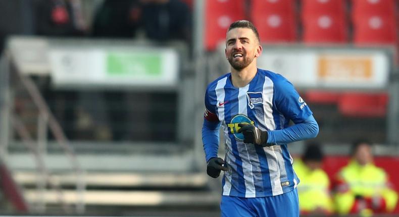 Veteran striker Vedad Ibisevic celebrates after scoring Hertha Berlin's opening goal in Sunday's league win at bottom side Nuremberg