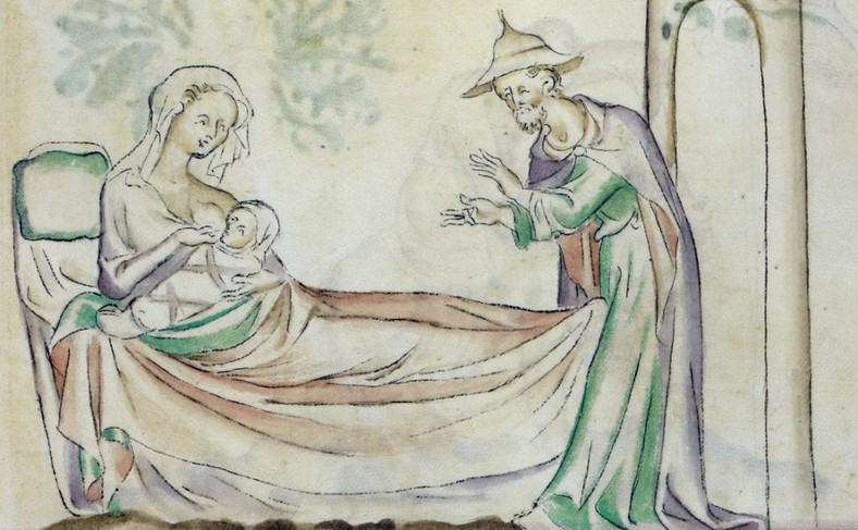 Średniowieczny poród na miniaturze z kodeksu będącego w zbiorach British Library. Wątpliwie czy królowa Jadwiga też miała okazję trzymać na rękach swoją córkę