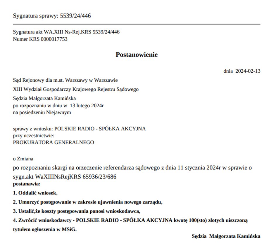 Postanowienie sądu rejestrowego w sprawie Polskiego Radia