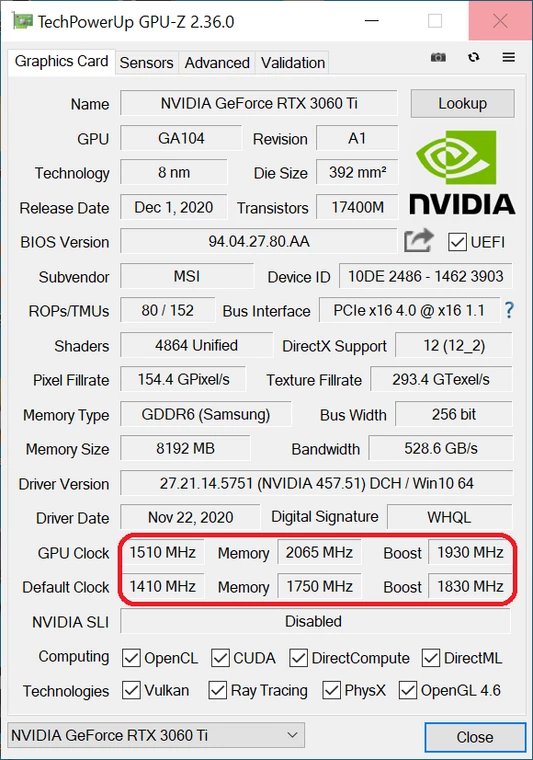 MSI GeForce RTX 3060 Ti Gaming X Trio – specyfikacja w GPU-Z po overclockingu