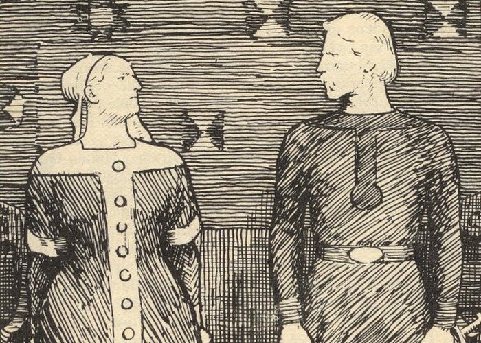 XIX-wieczna ilustracja przedstawiająca Sygrydę Storrådę odmawiającą Olafowi Tryggvasonowi (wikipedia).