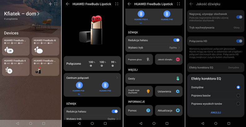 Podstawowe ekrany aplikacji Huawei AI Life zawiadującej pracą słuchawek FreeBuds Lipstick 