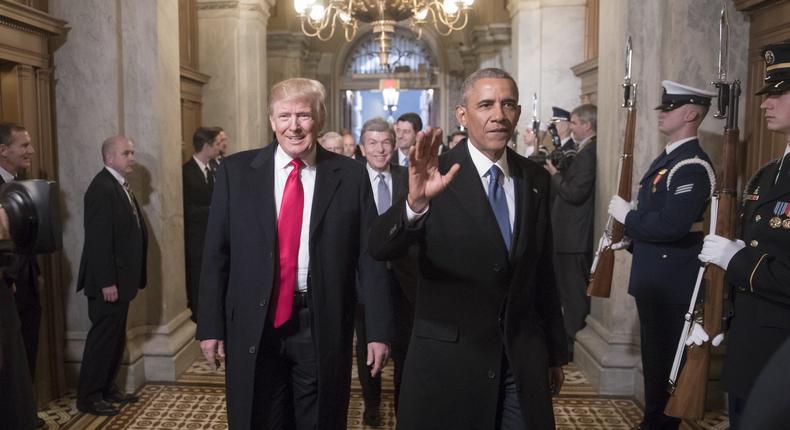 President Barack Obama, right, and President Donald Trump, left, arrive at the latter's inauguration on January 20, 2017.
