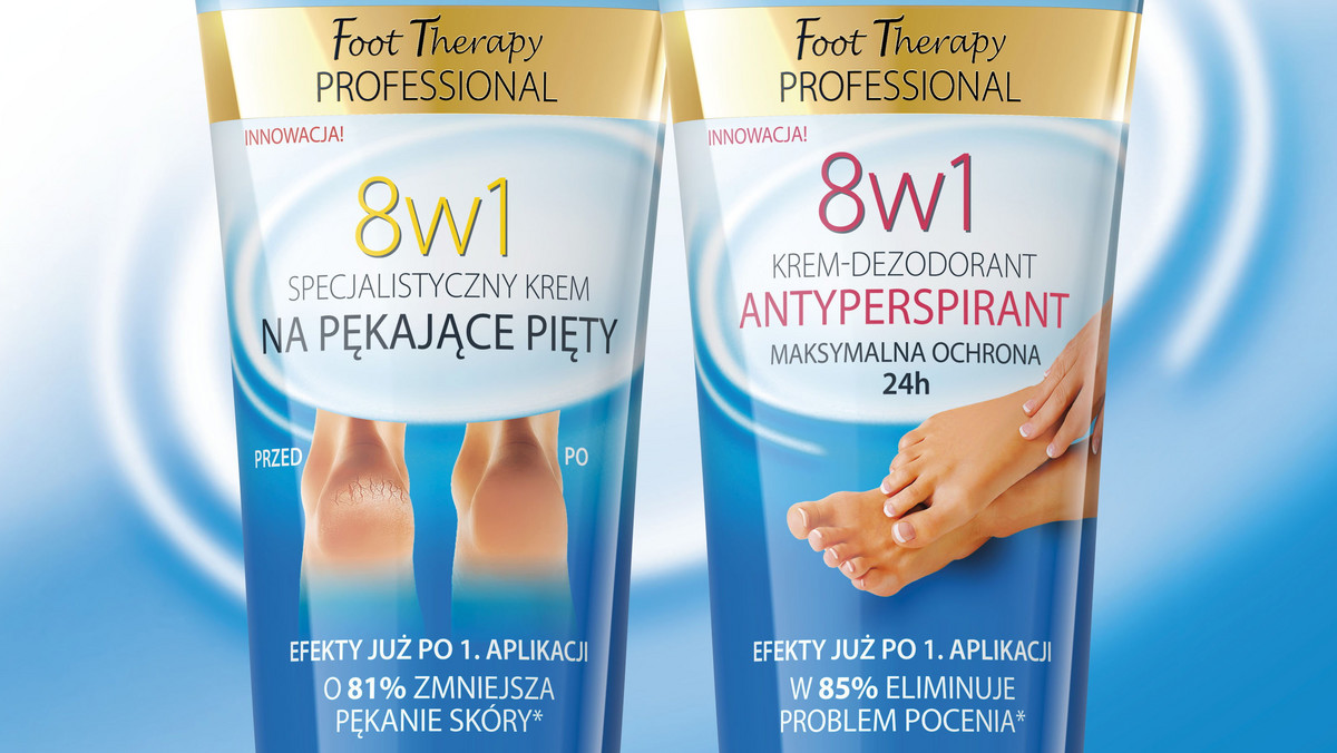 Eveline Cosmetics oferuje dwa wielozadaniowe kosmetyki do stóp linii Foot Therapy Professional, które znakomicie pielęgnują stopy i przygotowują je do lata. SPECJALISTYCZNY KREM NA PĘKAJĄCE PIĘTY 8 w 1 przeciwdziała rogowaceniu skóry, ogranicza pękanie pięt, a także likwiduje zgrubienia naskórka. KREM-DEZODORANT ANTYPERSPIRANT 8 w 1 zapobiega poceniu i zapewnia suchość i świeżość stóp.