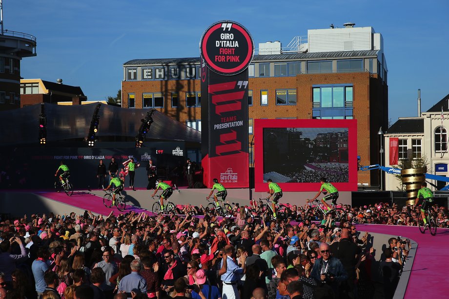 The American squad Cannondale Pro Cycling being introduced before the race.