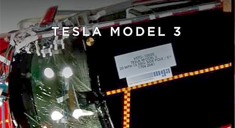 A view of the Tesla Model 3's side-impact pole crash test.