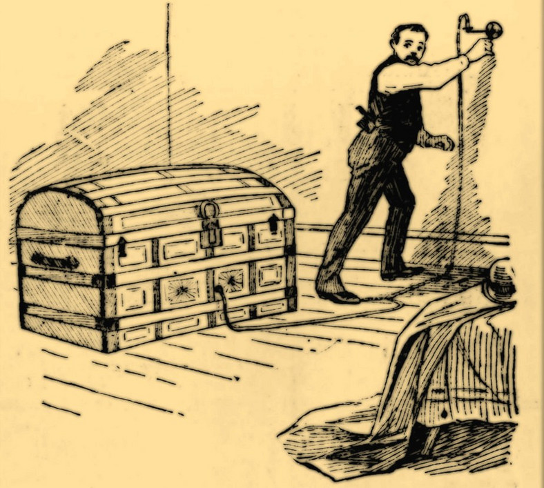 Rysunek prasowy przedstawiający Holmesa mordującego za pomocą gazu Alice i Nellie 
