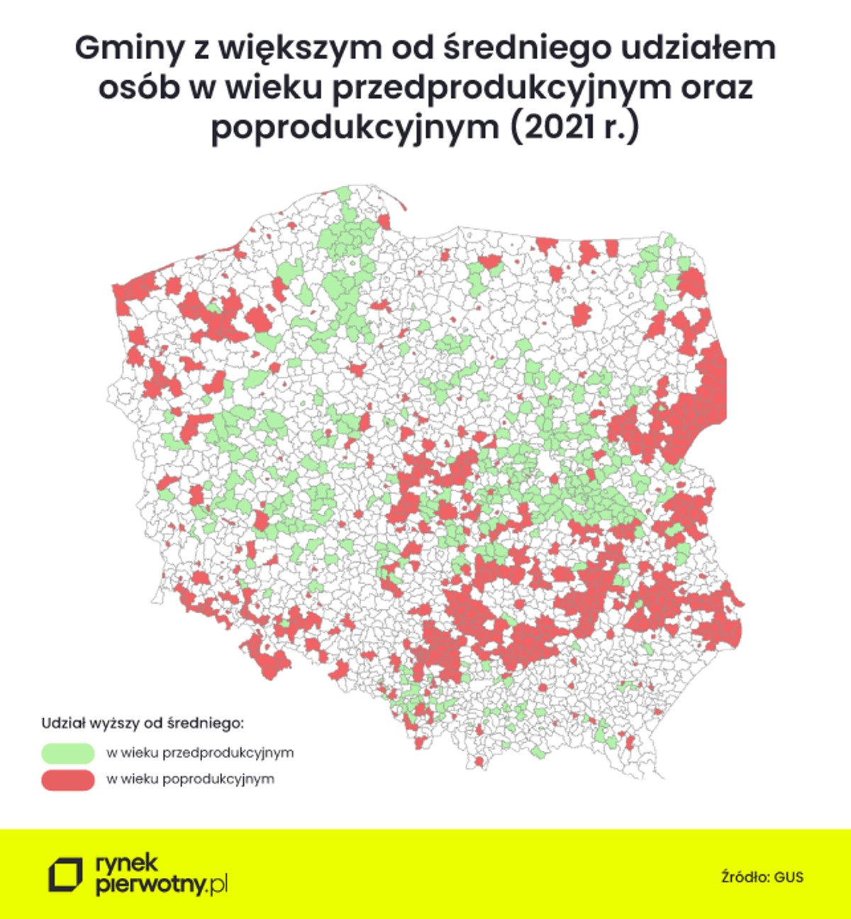 Gminy z udziałem większym od średniego ludności w wieku przedprodukcyjnym i poprodukcyjnym